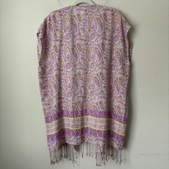 J. Crew Linen Blend Boho Paisley Printed Fringe Trim Beach Poncho Swim Cover Up - Picture 10 of 11